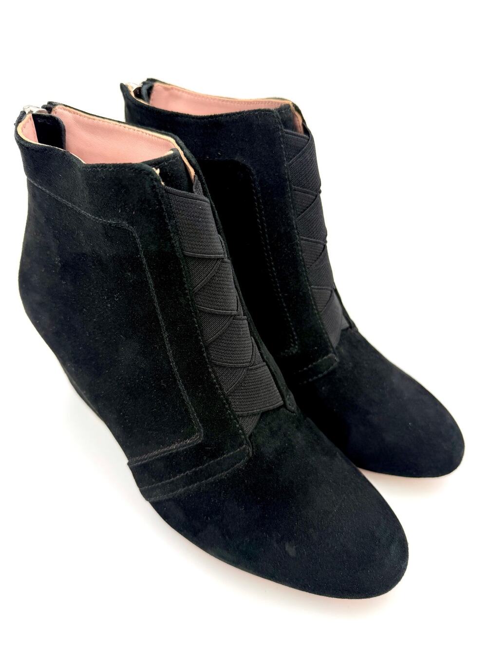 Taryn Rose Kamer Ankle Booties Black Suede Size 7 Elastic Wedge Heel